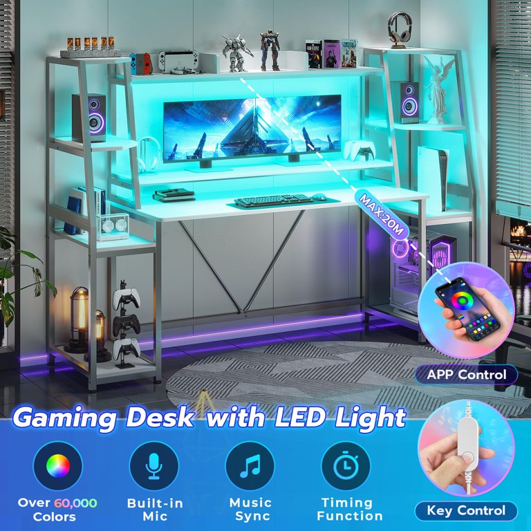 78.8 Inches White Gaming Desk with LED Lights, Hutch, Storage