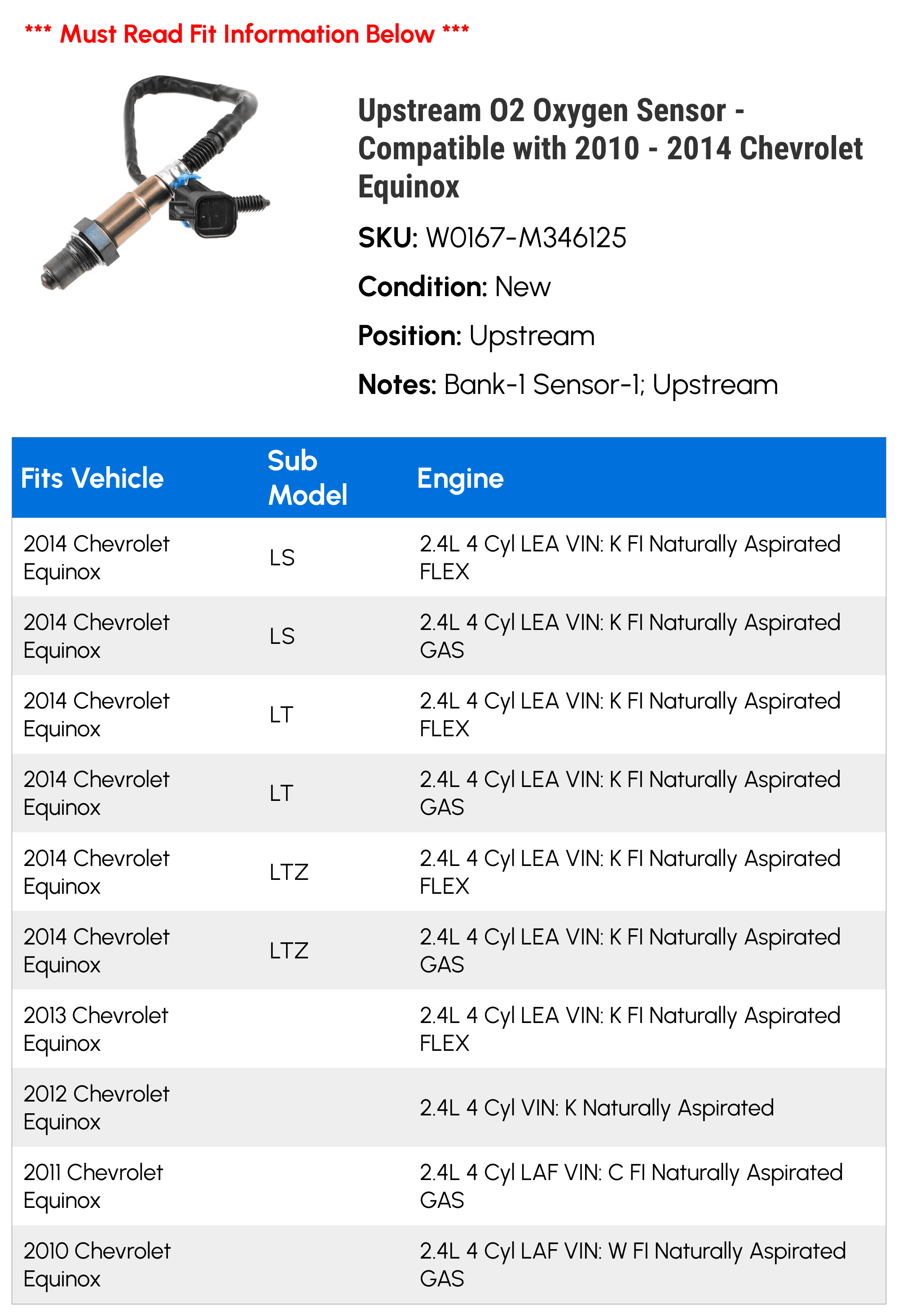 Upstream O2 Oxygen Sensor - Compatible with 2010 - 2014 Chevy Equinox 2011 2012 2013