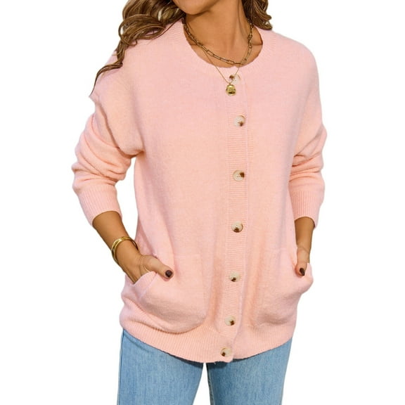 Long Sleeve Crewneck Button Down Womens Sweaters Fall Open Front Cardigan Sweaters for Women 2025 Pink XL