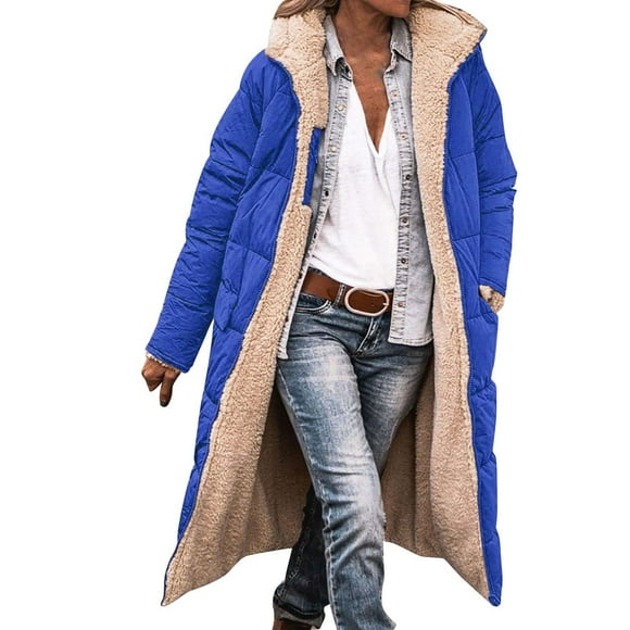 Hontri Women's Puffer Jackets, Ladies Fashionable Warm Winter Coat Double Faced Long Sleeve Hooded Down Jacket Blue Xxl