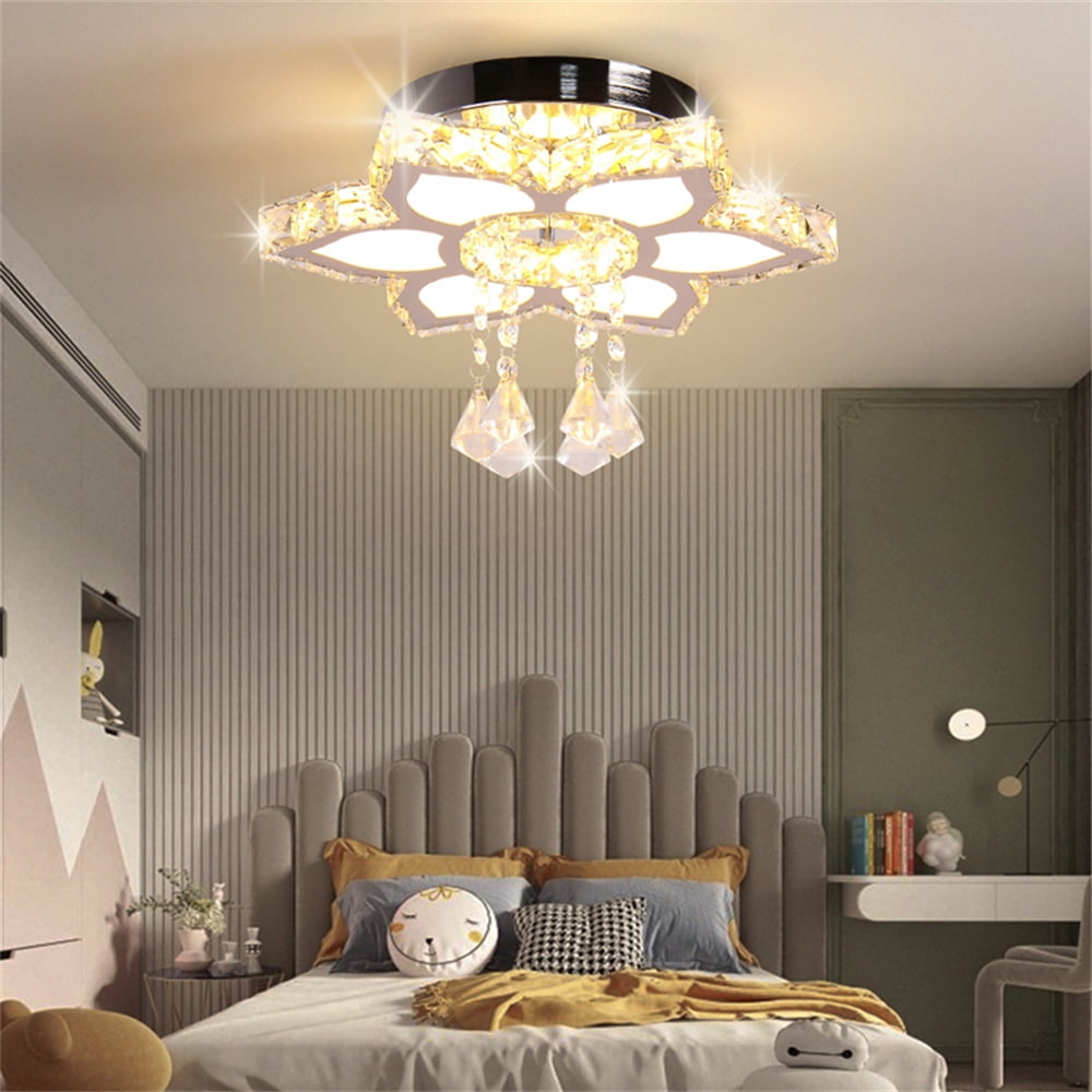 FRIXCHUR Crystal Chandelier Modern LED Flower Crystal Ceiling Light Flush Mount Chandeliers for Bedrooms Living Room Dining Room Hallway Closet (Warm White )