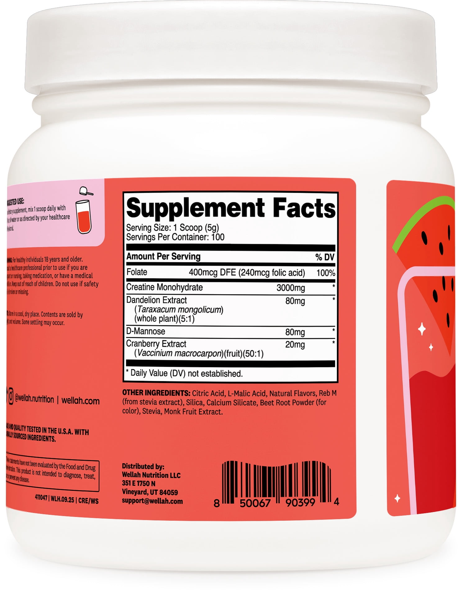 Wellah Creatine for Women (100 Servings, Watermelon Slush) - Creatine Monohydrate with Dandelion & Cranberry Extract