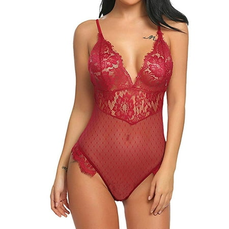 

MRULIC intimates for women New Lingerie for Women Teddy One Piece Lace VNeck Babydoll Bodysuit Jumpsuit Red + XXL