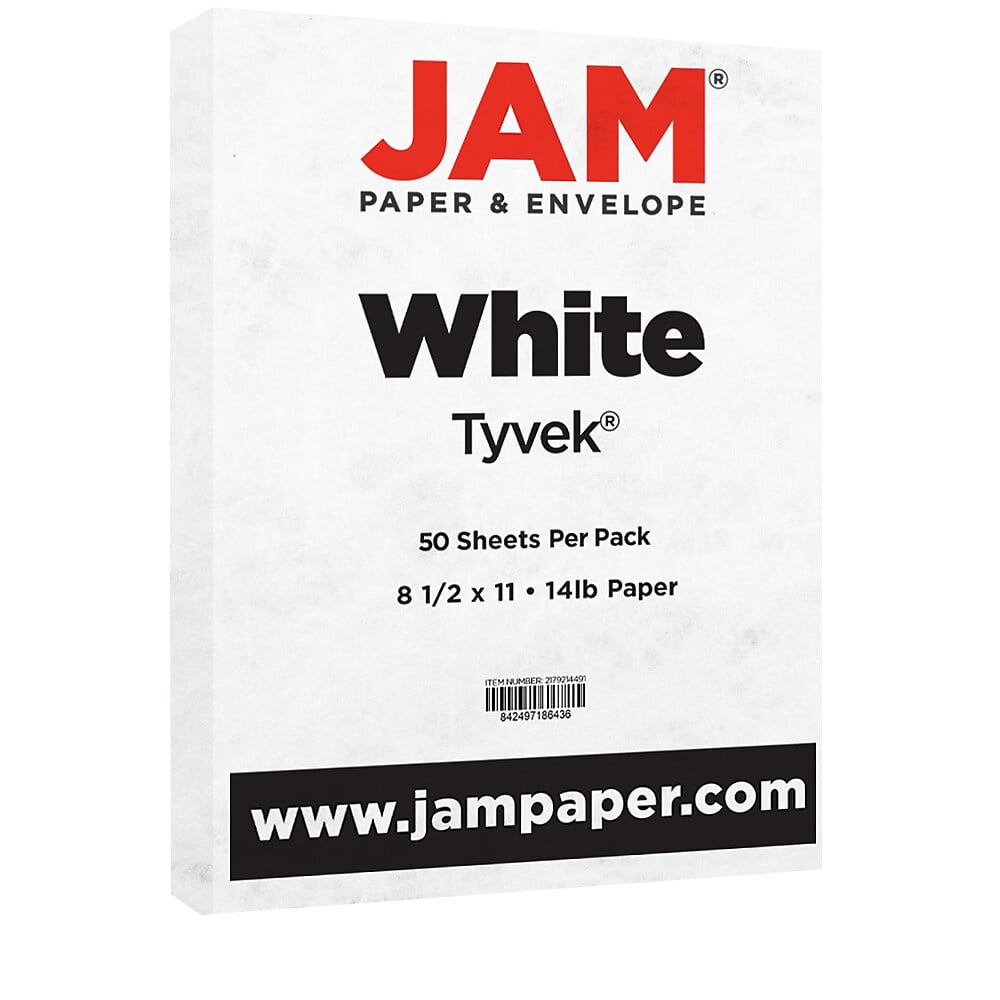 JAM Paper Tyvek 14lb Tear-Proof Paper, 8.5 x 11, White, 50 Sheets/Pack