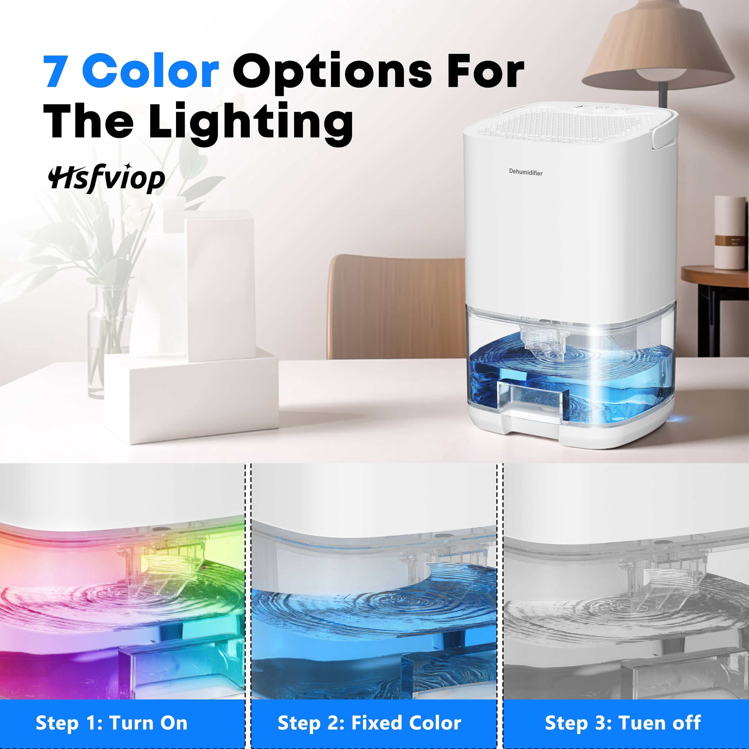 Hsfviop Small Dehumidifiers with LED Light Portable 34OZ Water Tank Ultra Quiet for Bedroom 7 Colors,White