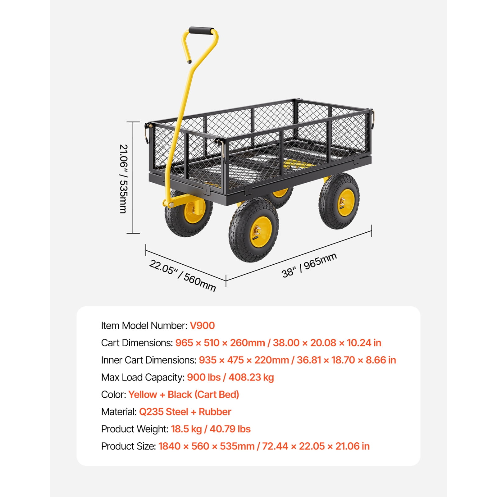 900 Lbs Heavy Duty Steel Garden Cart, Garden Wagon Cart on Wheels, Outdoor Metal Yard Utility Wagon Carts with 10" Tires and Mesh Removable Sides(Convert to Flatbed) and 180°Rotating Handle