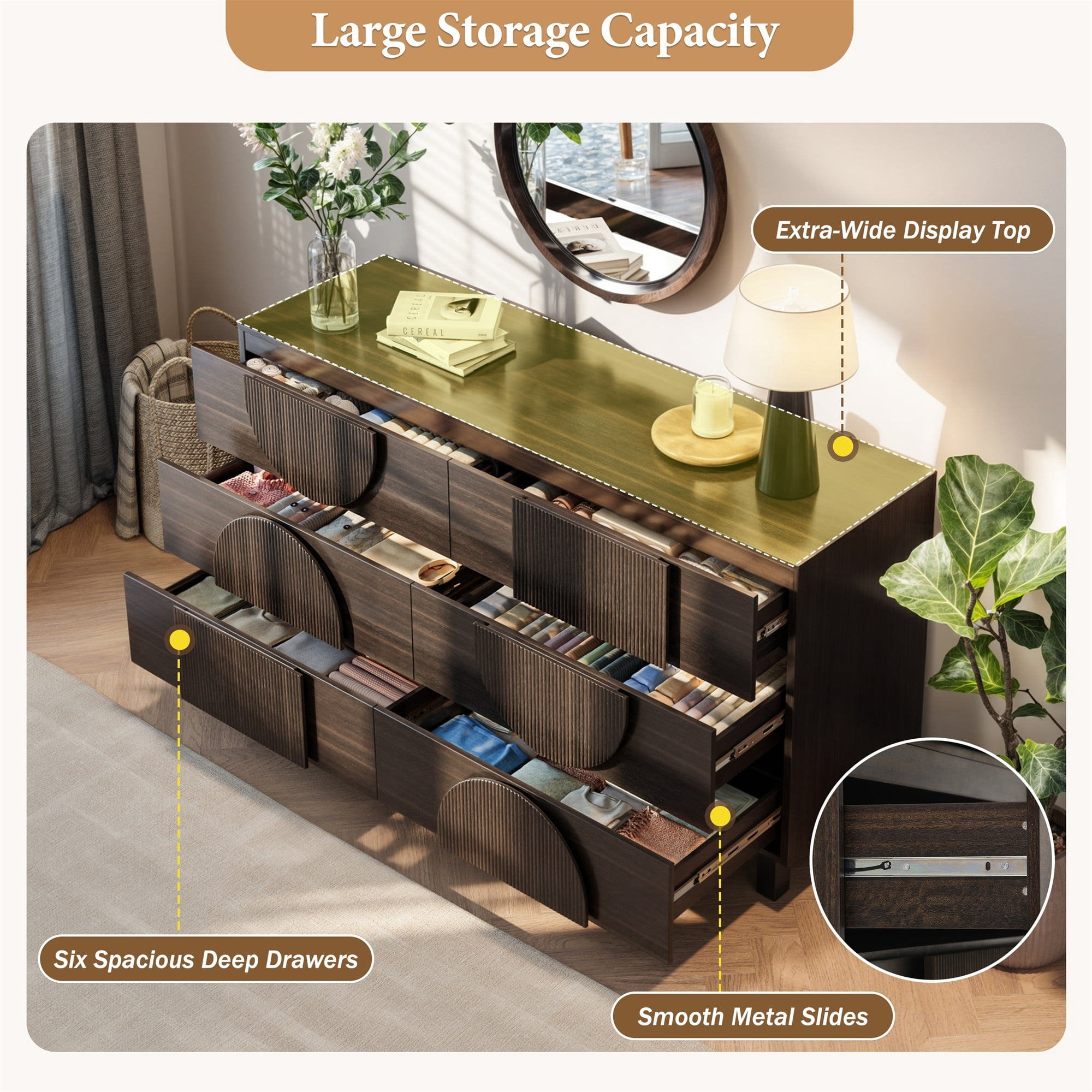 Alvantor 6 Drawer Dresser, 60" Wide Wooden Chest of Drawers, Fluted Dresser for Bedroom,Living Room, Hallway Dark Brown