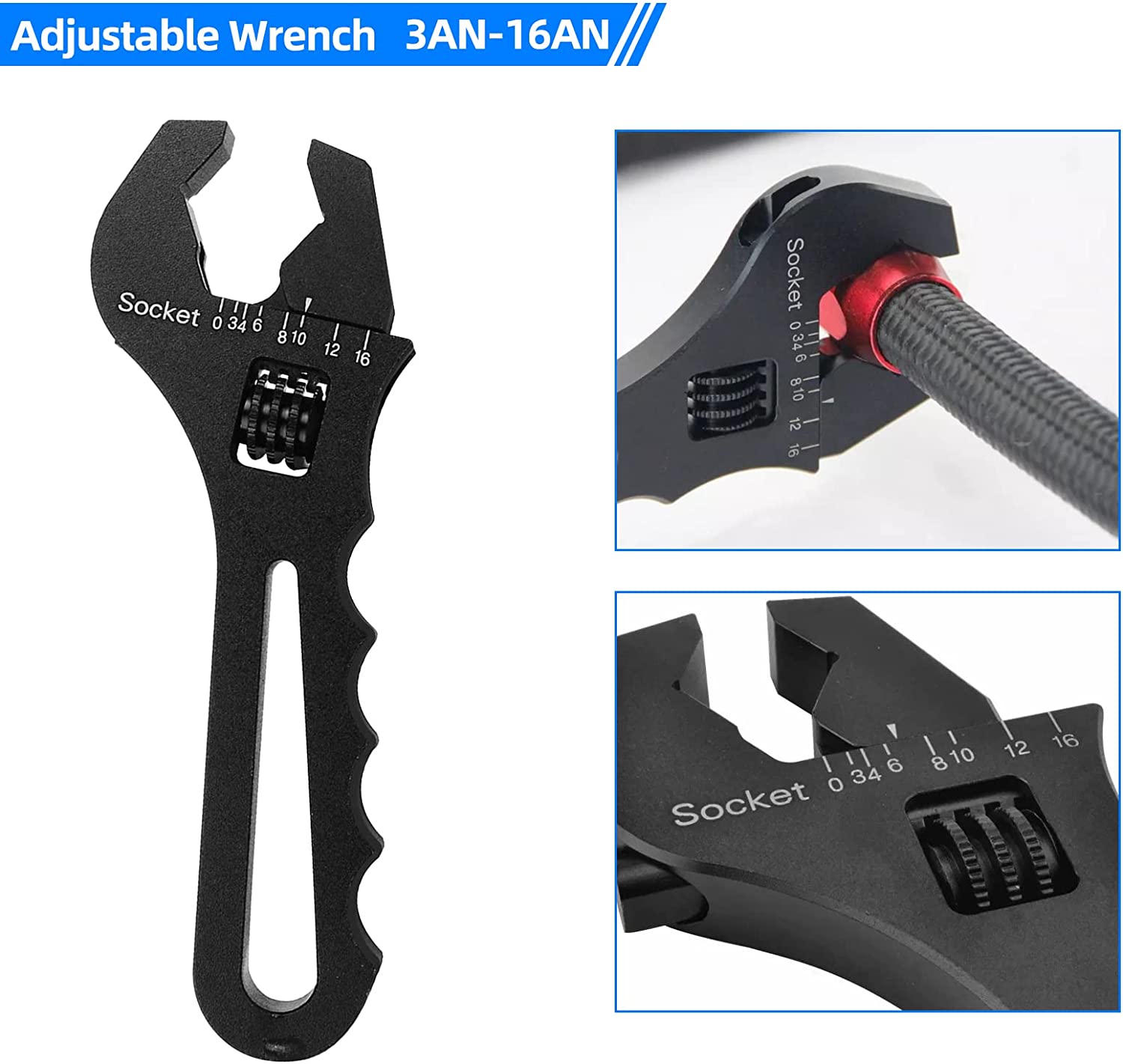 ABCISI 3AN-16AN Adjustable Wrench, Aluminum Lightweight Spanner Tools with ErgoFlow Curved Handle for An Hose Fitting Adapter End, Black