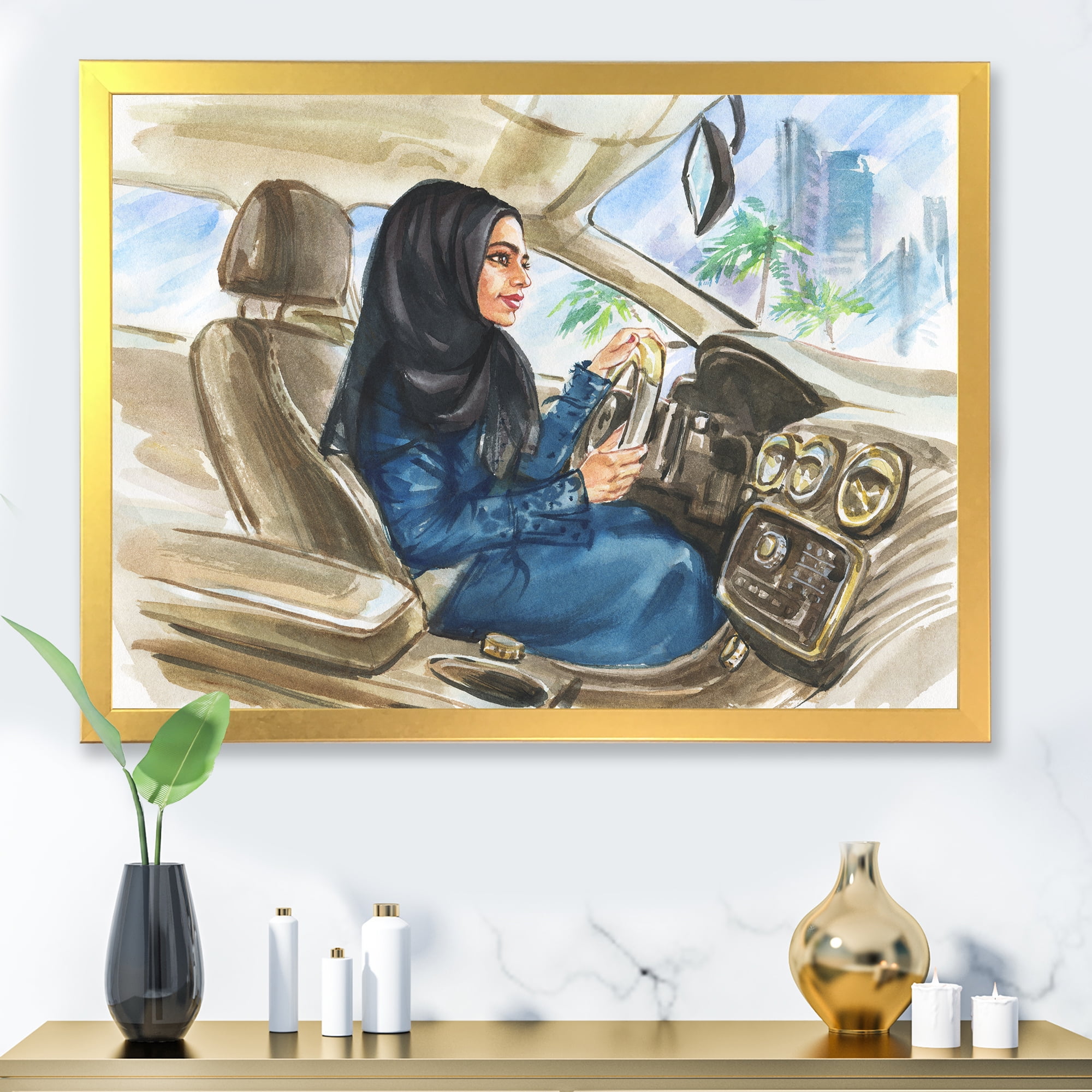Designart 'Arabian Lady Driving A Car I' Modern Framed Art Print
