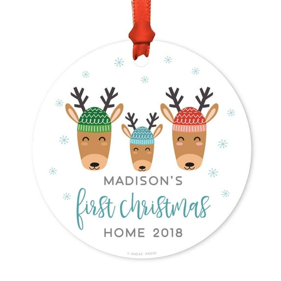 Koyal Wholesale Custom Adoption Family Metal Christmas Ornament, Madison's First Christmas Home 2019, Holiday Reindeer