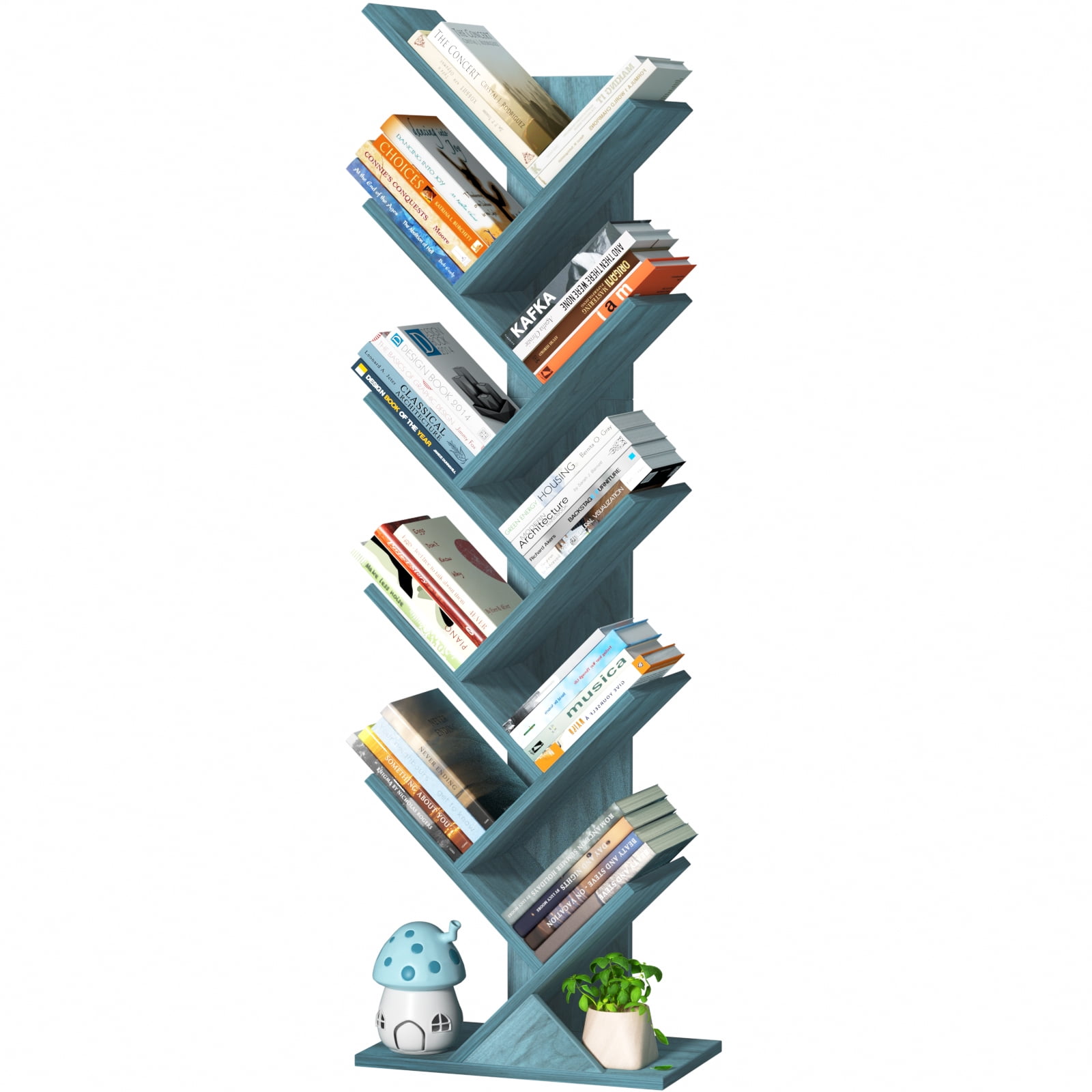 Tree Bookshelf 10-Tier Floor Standing Tree Bookcase, Wood Bookcase, Desk Display Bookshelves for Office, Study, Blue