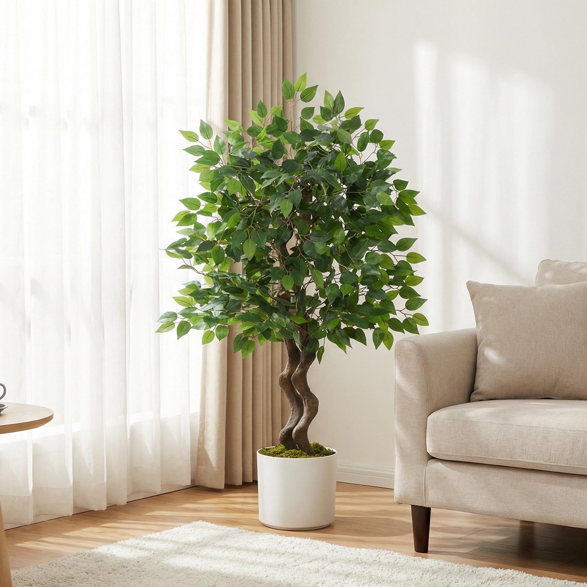 4ft Artificial Ficus Tree, Faux Banyan Tree Floor Plant with Realistic PVC Trunk and Full Dense Foliage, Indoor Home Office Living Room Decor