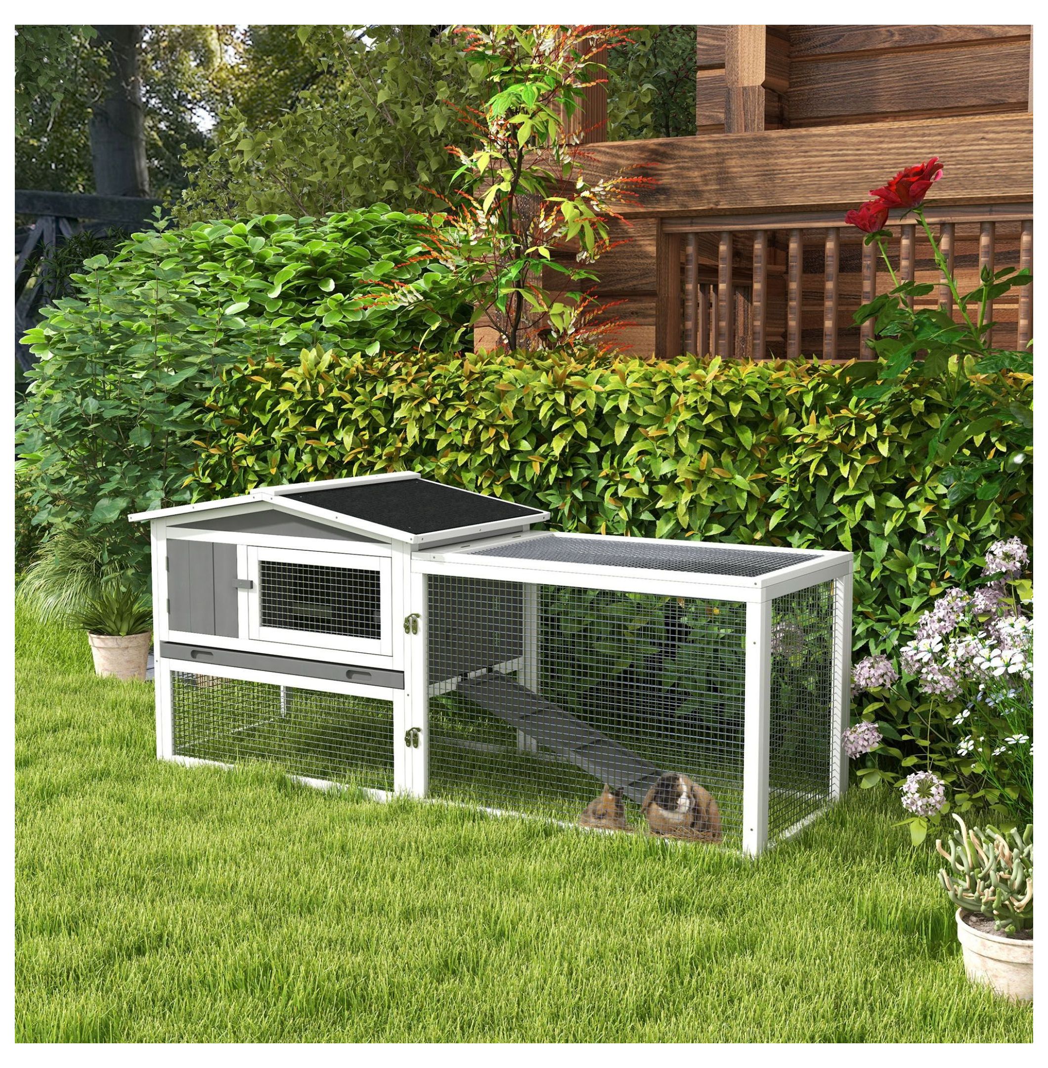 Rabbit Cage Outdoor, 2 Levels Bunny Hutch Outdoor Rabbit Pen w Slide Out Tray Detachable Run Small Animal House Light Grey