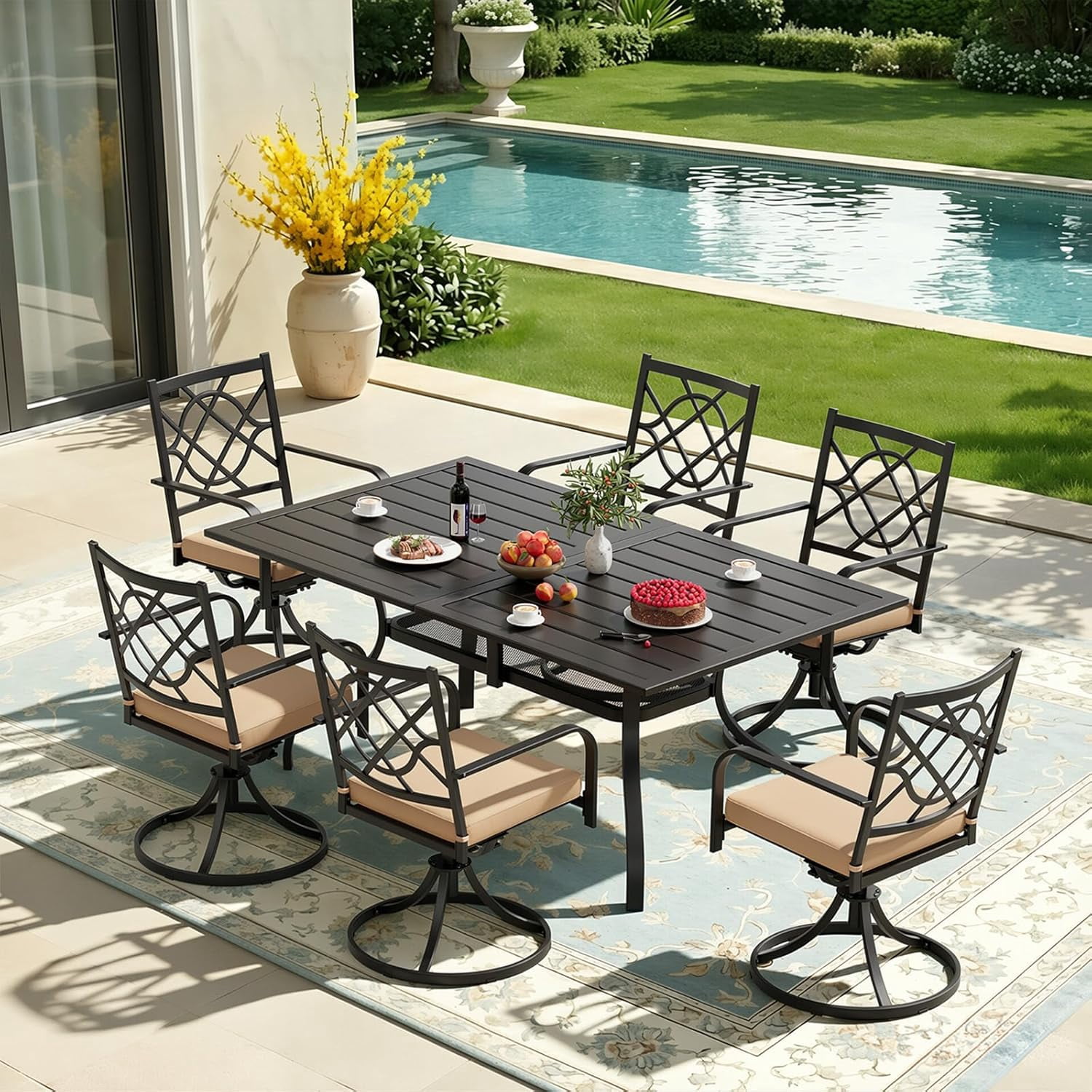 SOLAURA 7 Piece Outdoor Patio Dining Set, Metal Furniture Set: Rectangular Dining Table with Umbrella Holes & 6 Swivel Chairs for Backyard, Garden, Balcony