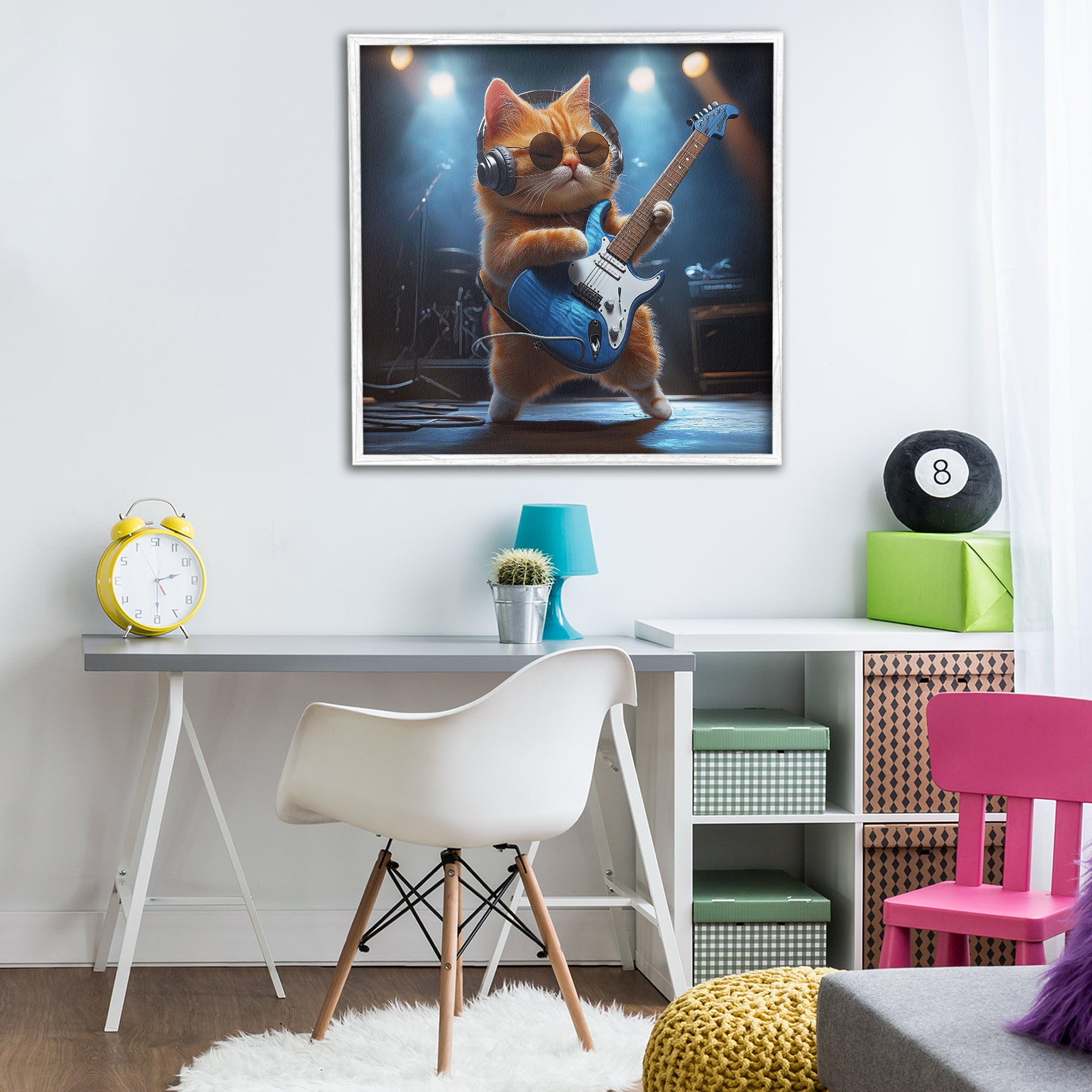 Cat Guitarist in Band White Framed Giclee Art, design by Jim Baldwin