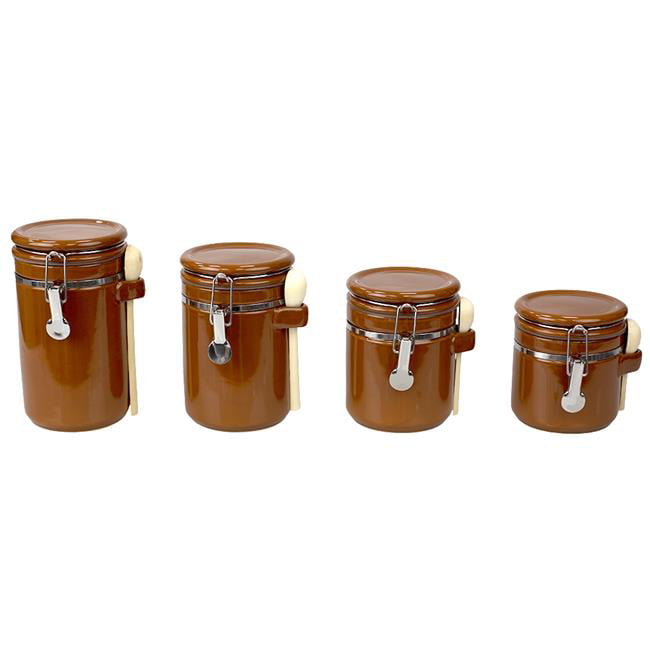 4 Canisters Details about   Anchor Hocking Ceramic Canister Set with Wooden Spoons 