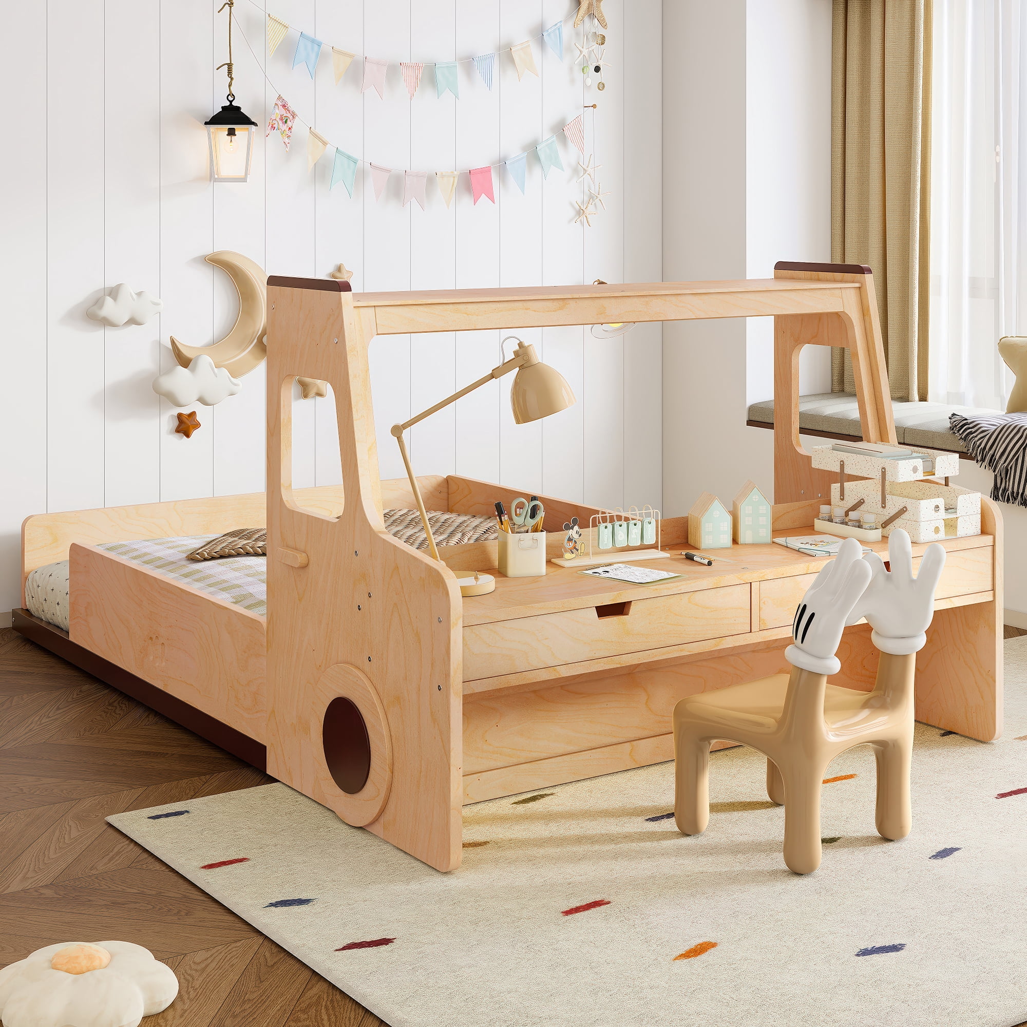 Harper & Bright Designs Full Size Floor Bed with Car-shape Design, Wood Car Bed with Drawers, Window and Desk for Boys and Girls, Natural