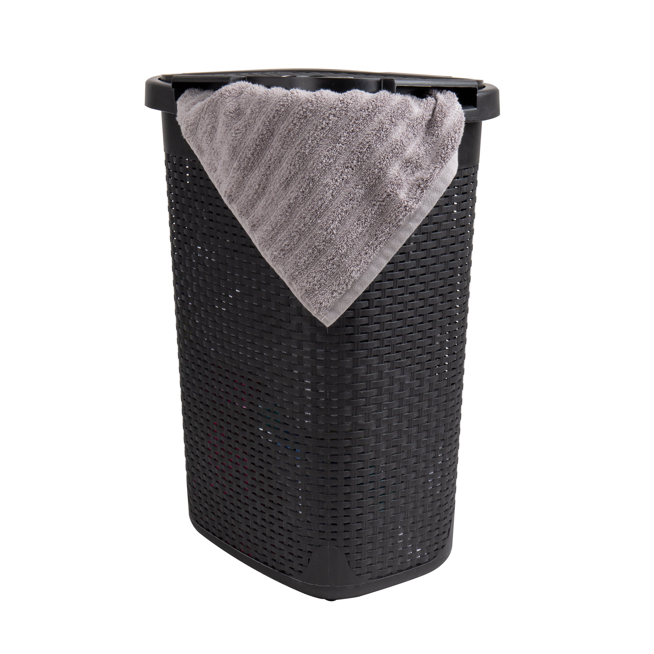 Mind Reader 60L Slim Laundry Hamper, Clothes Basket, Lid, Wicker Style, Plastic, 17.65"L x 13.75"W x 24.15"H, Set of 2, Black