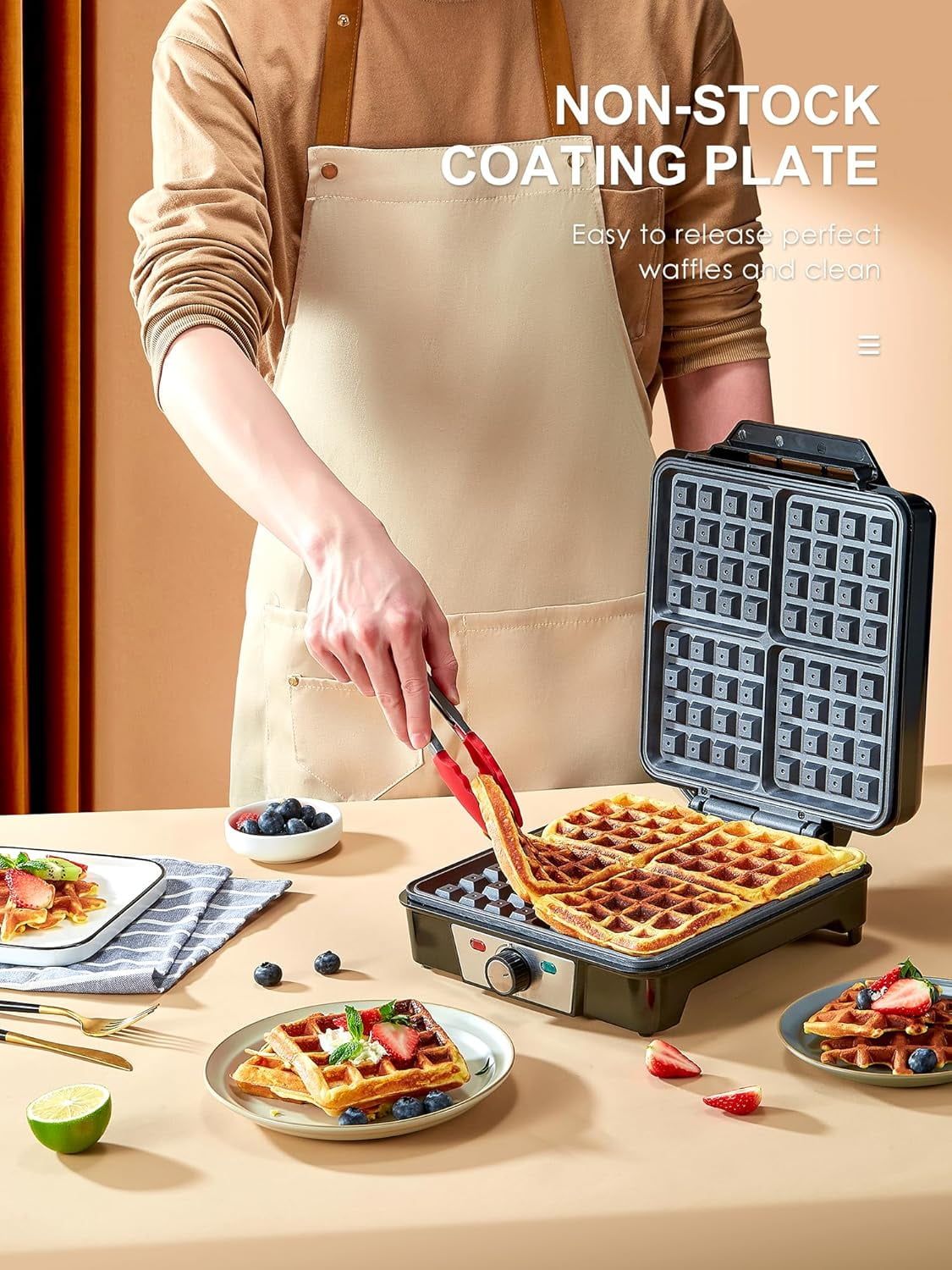 Reemix Belgian Waffle Maker, 4-Slice, 1200W Non-Stick Waffle Iron with Browning Control, Indicator Lights, Cool-Touch Handle, Silver/Black