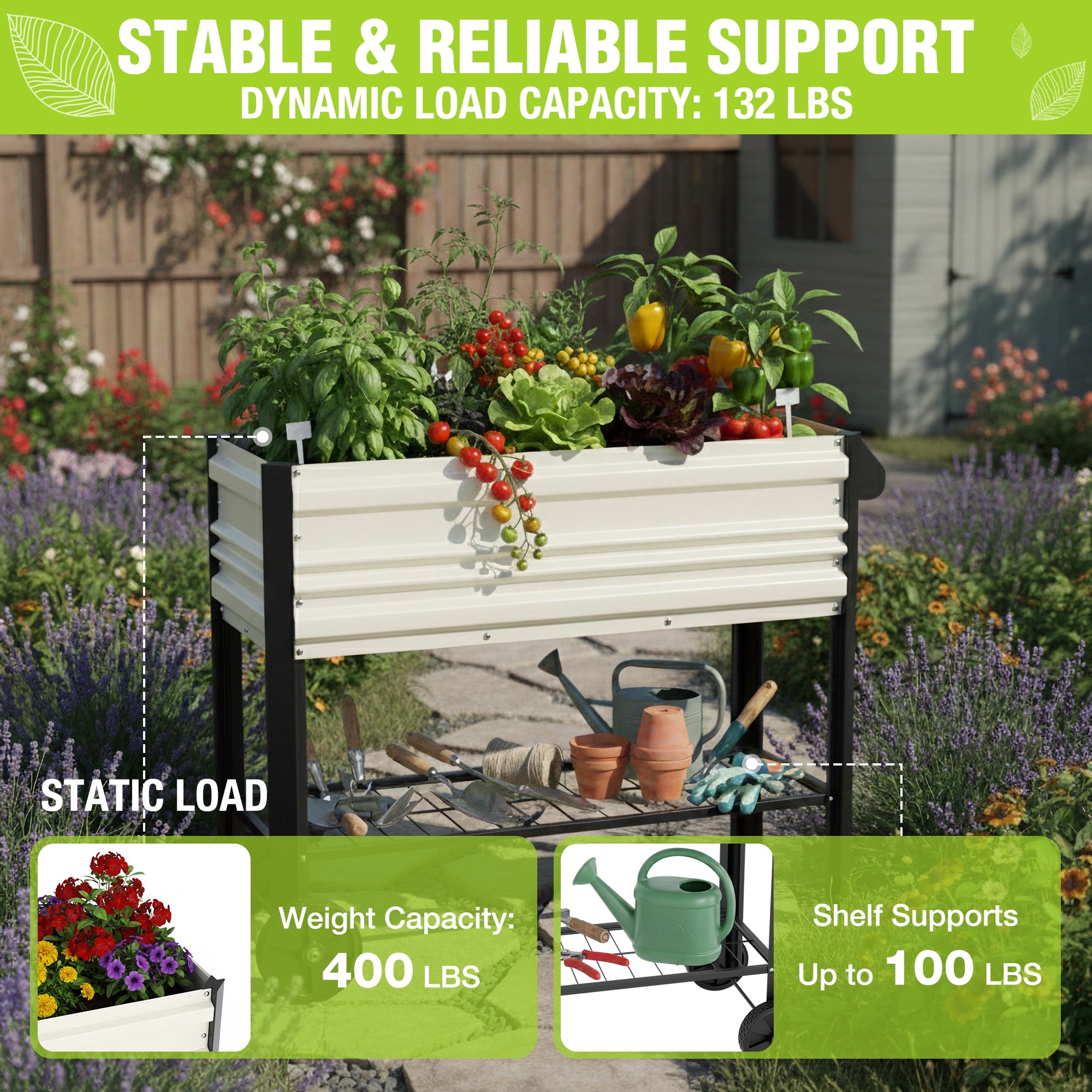 WORKPRO 37in Outdoor Galvanized Raised Garden Bed with Legs and Wheels -White
