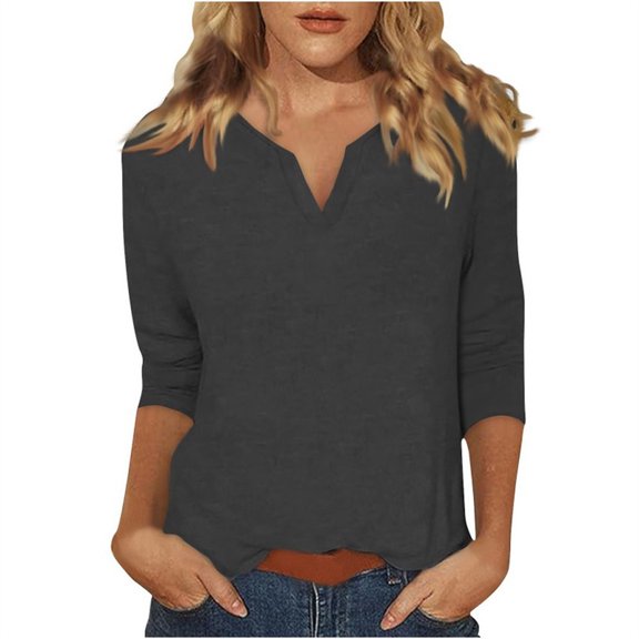 Womens Tops 3/4 Length Sleeve Summer V Neck Shirts Casual Tunic Tops Solid Color Basic Loose Fit Pullover