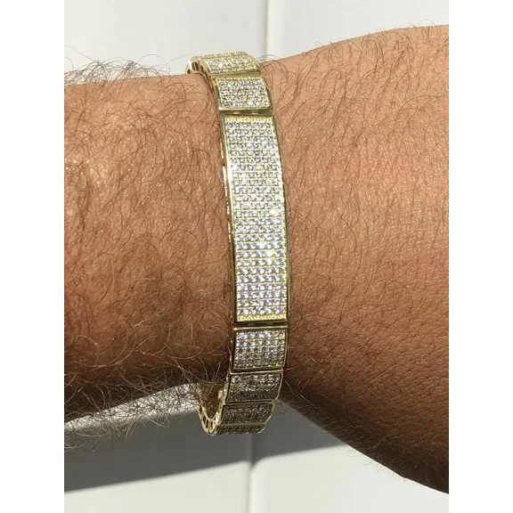 Men's Link Bracelet 9 Ct Round Cut White Moissanite 14k Yellow Gold Plated