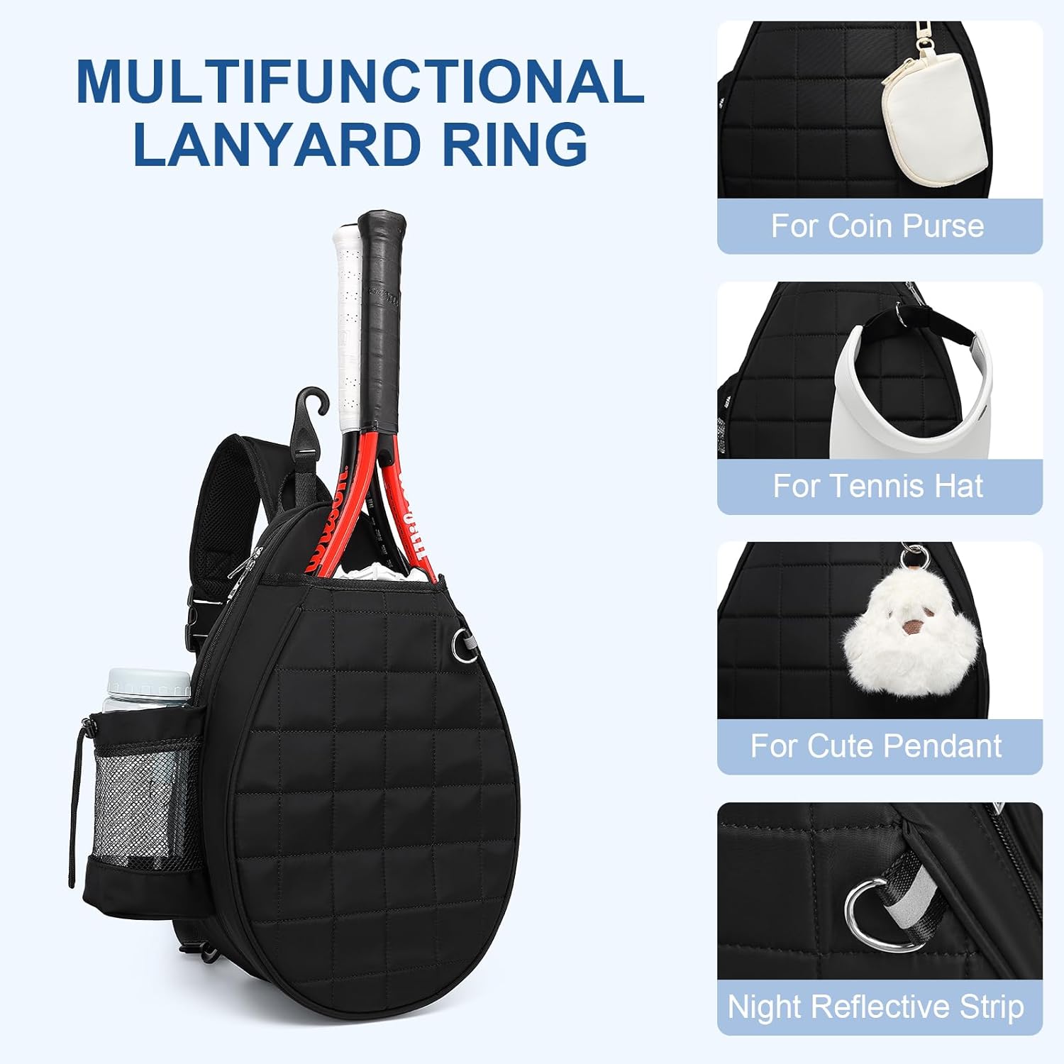 Quilted Tennis Backpack for 2 Rackets, Sleek Waterproof Sling Bag with Security Pocket for Tennis, Pickleball & Padel, Crossbody Sport Bag for Men & Women
