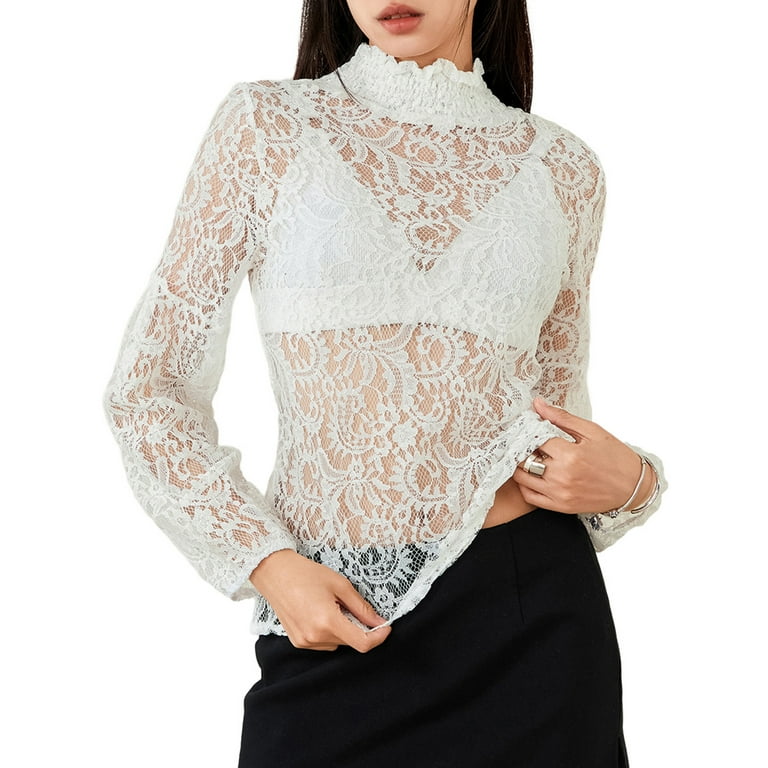 Women T-shirt, Long Sleeve Turtleneck See-through Lace Tops