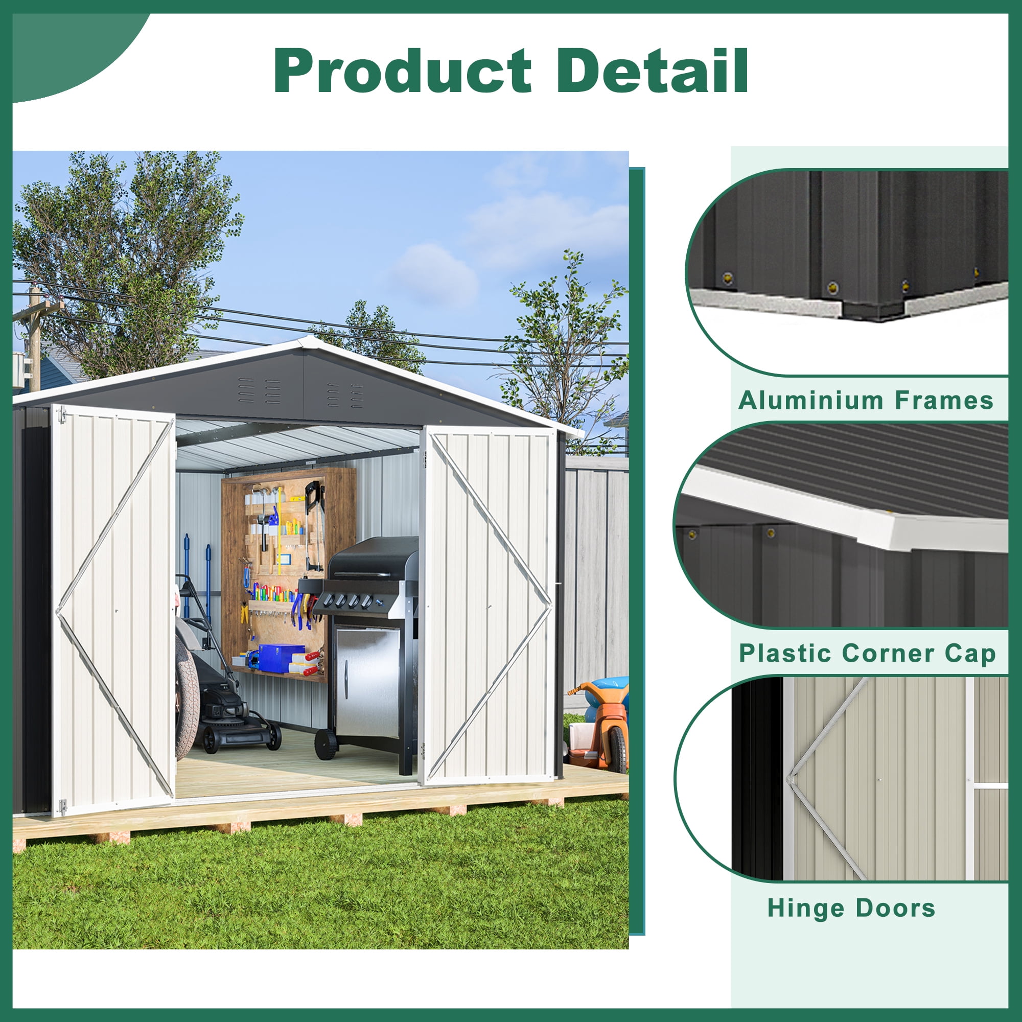 DetalleGo 10x12FT Metal Storage Shed - No Foundation Needed! Lockable Double Doors (49.5"x65"), Aluminum Frame & Galvanized Steel, All-Weather Garden Shed for Lawn Mower/Tools