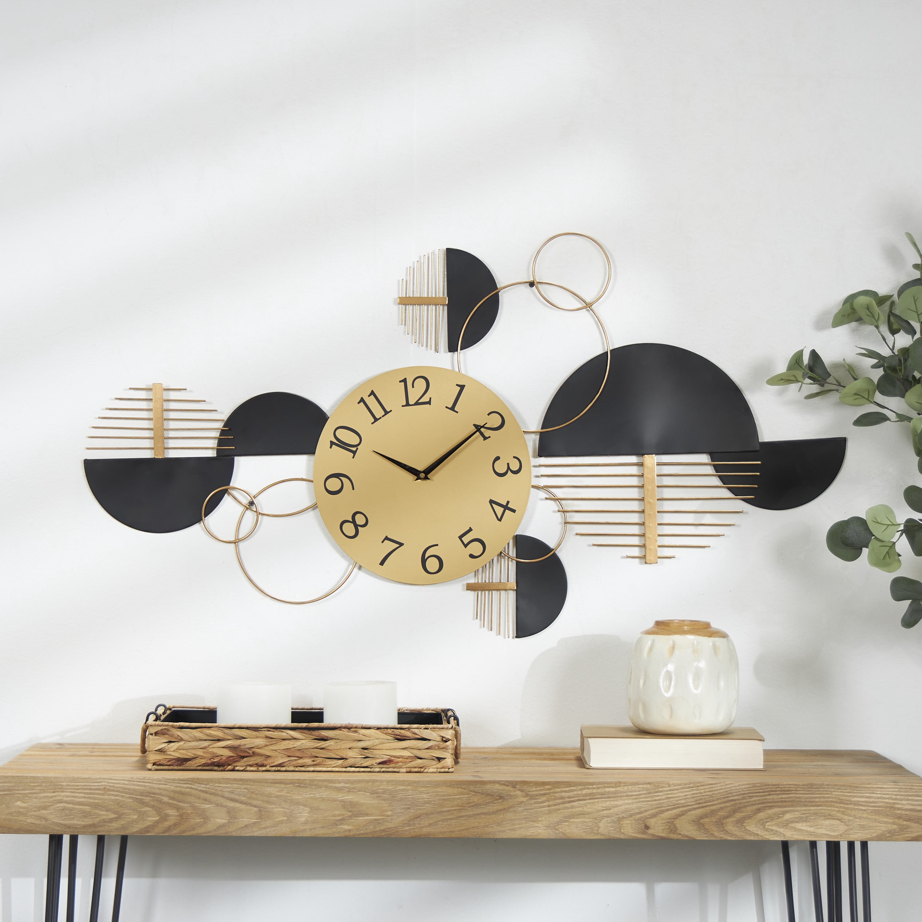 DecMode 44" x 23" Black Metal Geometric Half Moon Wall Clock with Adjustable Clock Face