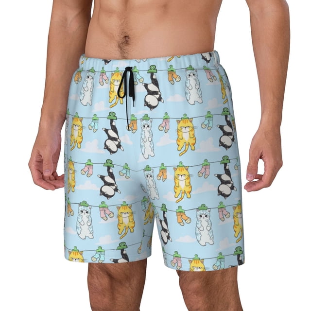 Balery Cartoon Cat Bañador para hombre, shorts de playa de secado rápido con entrepierna y forro de compresión-Large