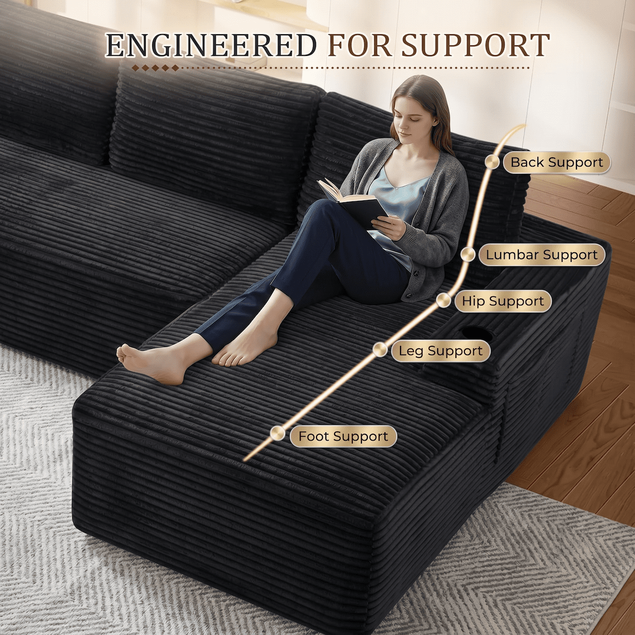 Xiweot 133" Cloud Boneless Sectional Couch, Modular Sectional Sofa with Chaise, U Shaped Memory Foam Corduroy Couch with Cup Holders & Side Pockets, No Assembly Deep Seat Sofa for Living Room, Gray