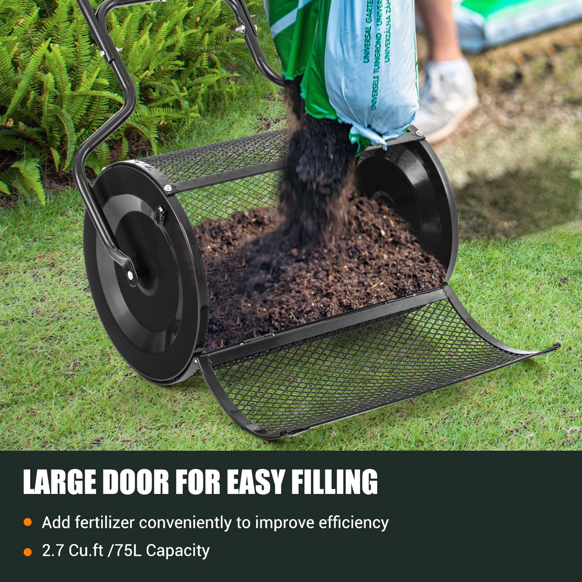Costway 24" Peat Moss Spreader Compost Spreader with Upgrade Side Latches & U-shape Handle Black