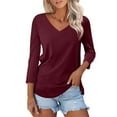 thumbnail image 2 of Red Womens Tops Women's V Neck 3/4 Sleeve Tops Color Block/Solid Shirts Basic Summer Tees Shirts for Women, 2 of 5