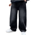 thumbnail image 3 of Efsteb Boys' Jeans Fleece-lined Straight Wide Leg Vintage Denim Pants with Pocket Elastic Waist Baggy Y2K Streetwear Trousers (Z_Black,11 Years), 3 of 7