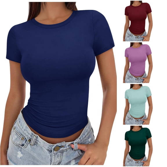 HCYSFG Womens Solid Color T Shirts Crewneck Short Sleeve Side Ruched Detail Casual Tees Fitted Classic Everyday Summer Tops