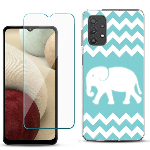 Slim-Fit TPU Phone Case compatible with Samsung Galaxy A32 5G, with Tempered Glass Screen Protector, by OneToughShield ® - Chevron/Teal/Elephant