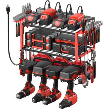 Tool Organizer with Charging Station, 3 Layers Wall Mount Garage Tools Storage with 8 Outlets Power Strip, 4 Drills Holder Battery Heavy Duty Metal Shelf, Utility Rack with Hooks, Black