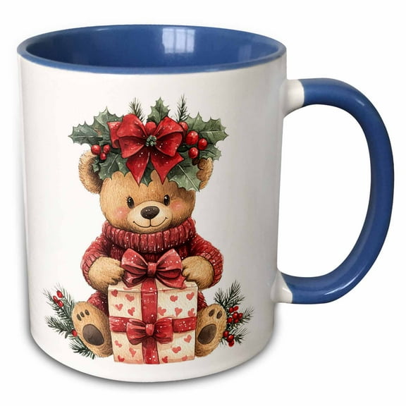 3drose, Cute Christmas Bear Holding a Gift, 15oz Two-tone Blue Mug
