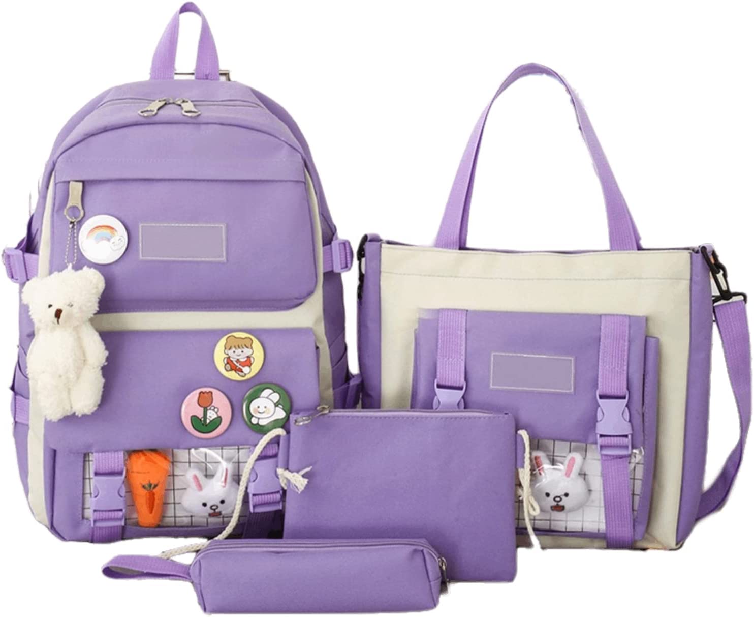 4Pcs Kawaii Cute Backpacks Combo Set with Bear Pendant & Pins Back To