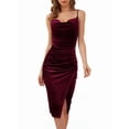 thumbnail image 1 of Vestido de Terciopelo para Mujer, Escote Vuelto, Espalda Descubierta, Fruncido, Ajustado, para Club, Midi. Vino Tinto M, 1 of 8