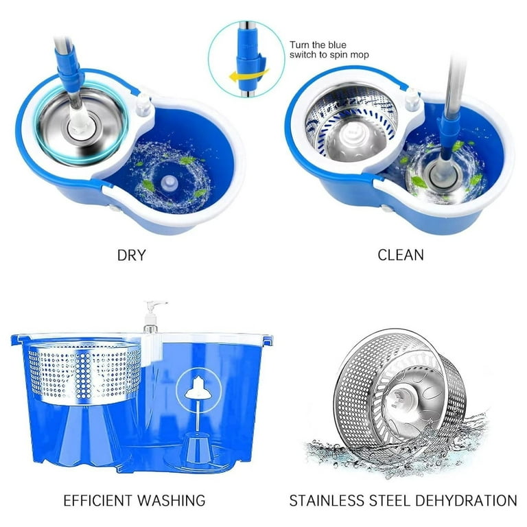 Mop And Bucket With Wringer Set, 360° Mop Bucket Floor Cleaning System 3 Microfiber Replacement Mop Head Refills 61 Adjustable Stainless Steel Handle 2x Wheel H