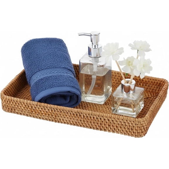 Rattan Storage Basket, 14.6x9x2 Inch Woven Rectangular Serving Tray, Decorative Wicker Organizer Bin for Bathroom, Kitchen, and Home Decor, Natural Material