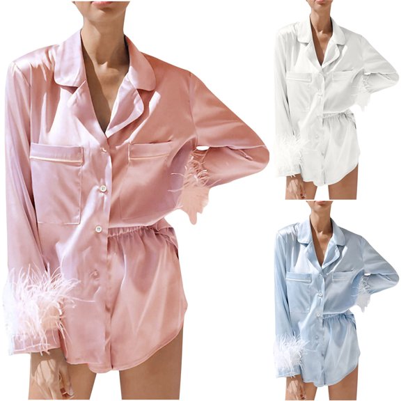 LOVZFMLL Pajama Sets for Women 2 Piece Satin Fuzzy Button Down Long Sleeve Shirt and Shorts Lounge Sets Comfy Soft Sleepwear Loungewear
