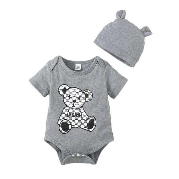 Kucnuzki Newborn Baby Boy Clothes 1 Months Summer Jumpsuit Bodysuit 3 Months Short Sleeve Monogrammer Bear Print Triangle Romper Bodysuit Hat 2PCS Set Gray