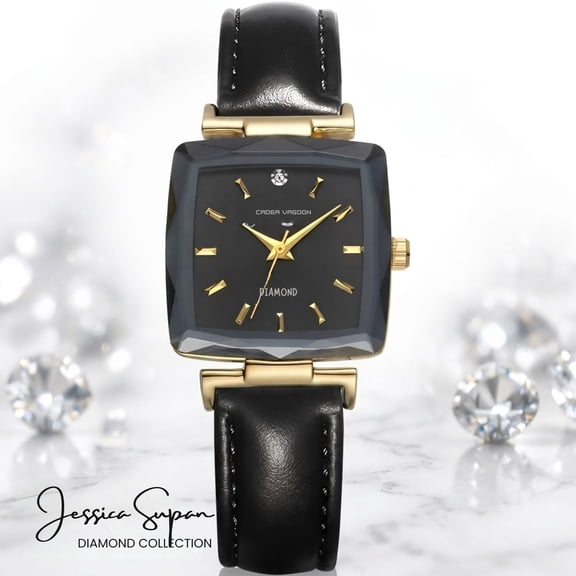 Jessica Simpson Diamond Collection Women's Square Dial Watch, Leather Strap, Classic Quartz Movement, Elegant Dress Watch