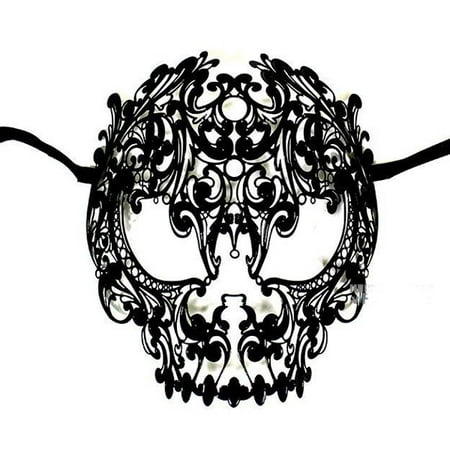 Men Devil Skull Laser Cut Metal Masquerade Mask Full Face Black with Clear Crystals