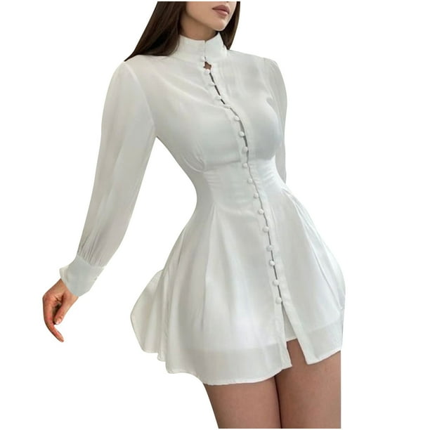 Vestido de Noche Estilo Princesa Fridja Color Sólido Ajustado Manga Larga Cuello Redondo Botones Mujer Talla S