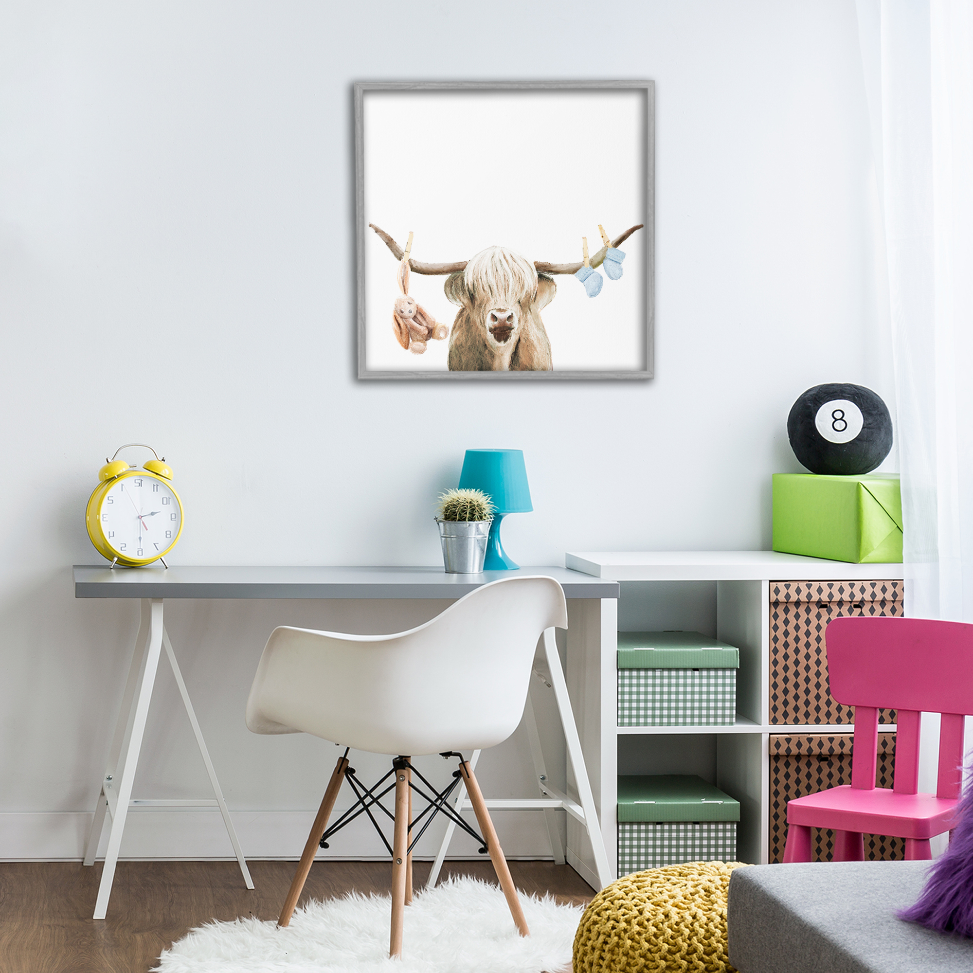 Highland Cow Baby Boy Gray Framed Giclee Art, design by Ali Lynne