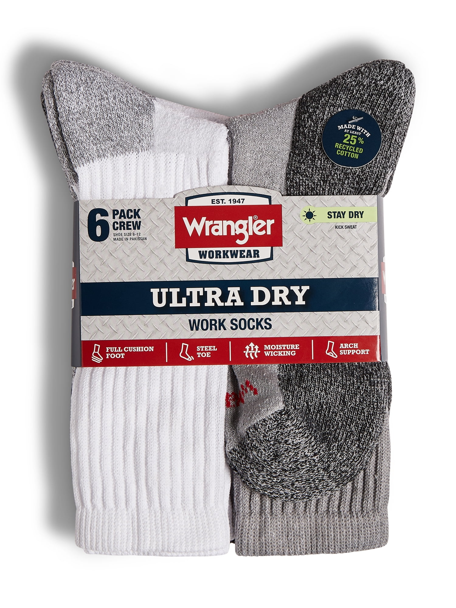 Wrangler Cushion Crew Socks for Men, Size 13-15, White/Gray/Black, 6 Pairs